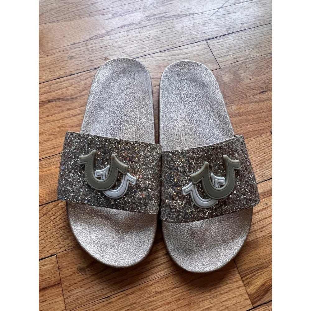 True Religion Keilani Slide Sandals‎ Women Size 10 Gold Glitter Horseshoe Logo
